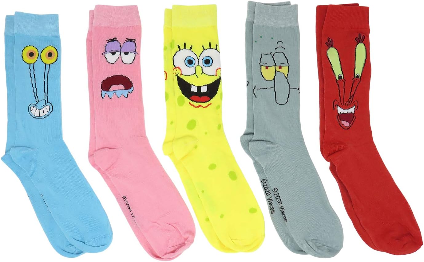 Spongebob Squarepants Characters Men'S Crew Socks 5 Pair Pack