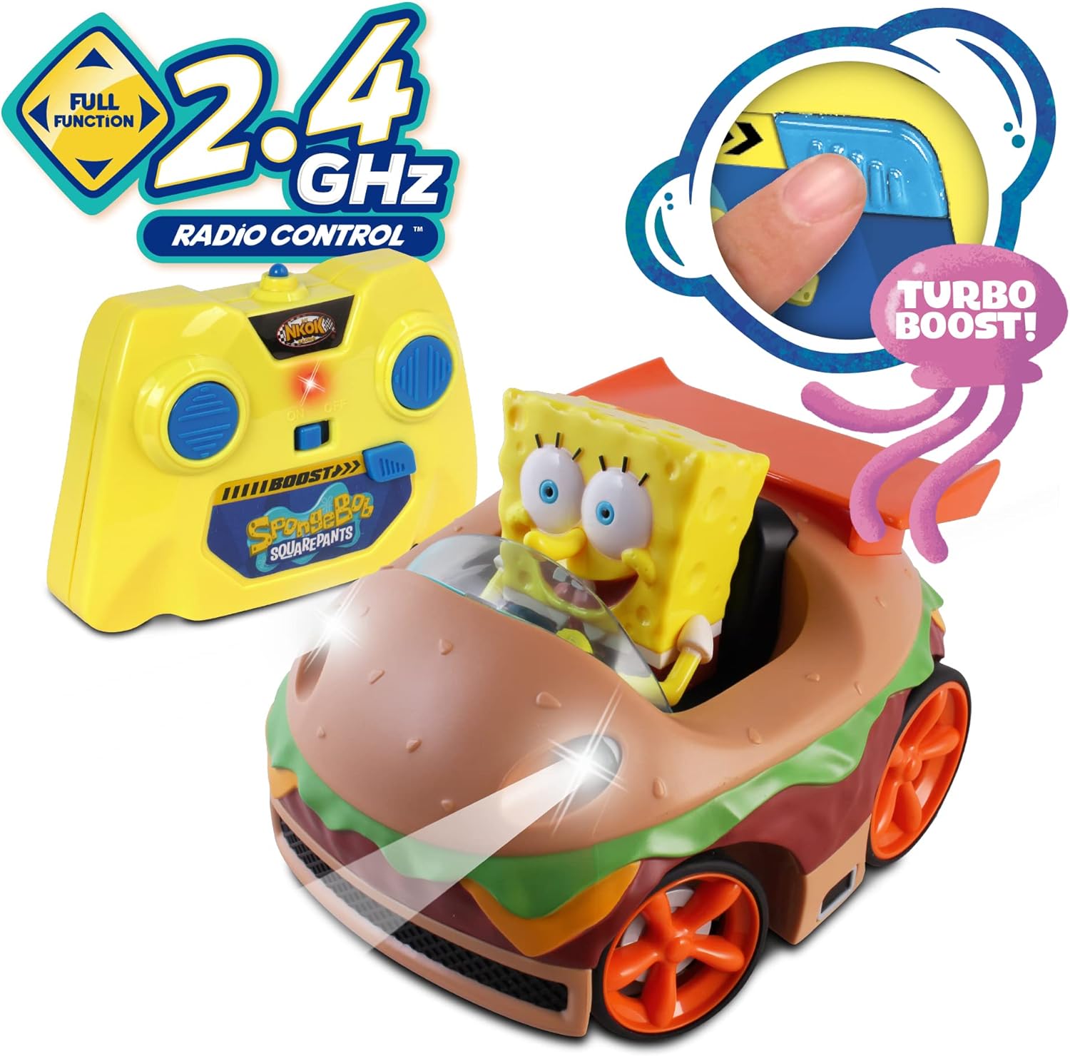 Remote Control Krabby Patty with Spongebob Vehicle, Full Function RC Vehicle, Working Lights, Has Radio Control & Turbo Boost, Great Item for Kids, Ages 6 and Up